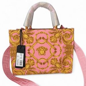 NEW Versace Pastel Pink Signature Print Small Canvas Tote